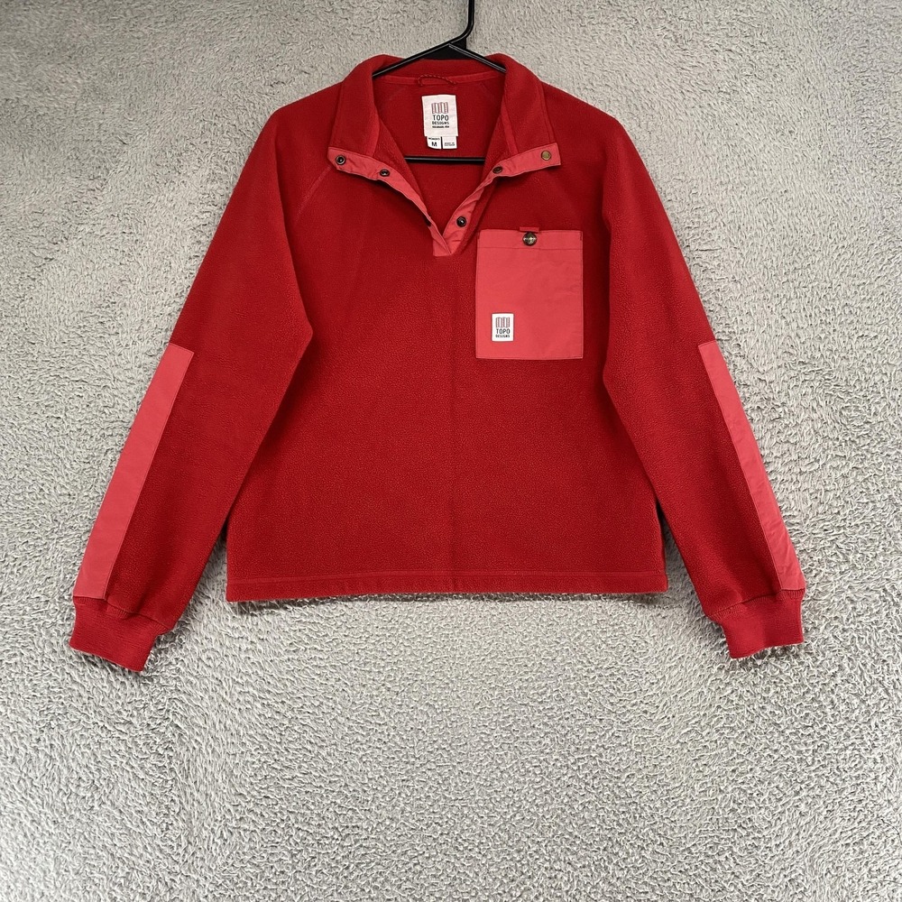 Topo Designs Sweatshirt Womens Medium‎ Red Polartec Snap Fleece Sweater